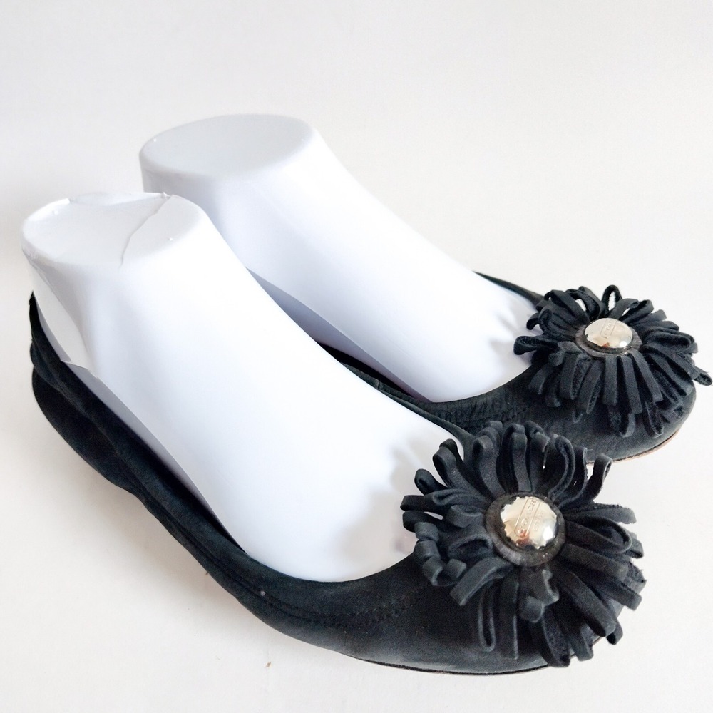 Coach Ballet Flats Size 7 Black Nubuck Leather Sole Flower Medallion Shoes Ariza